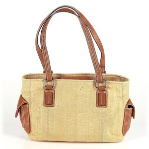 vintage classic Fossil woven straw and leather tote bag brown leather trim